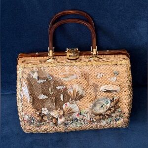 Vintage Tropic Miami Florida Brown Wicker‎ Woven Purse Lucite Handbag 1960's